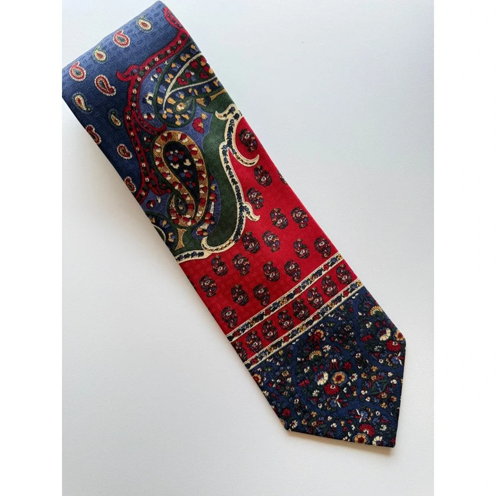 Bentley Kingbury Mens Navy Red Paisley Floral Patchwork Silk Blend Necktie